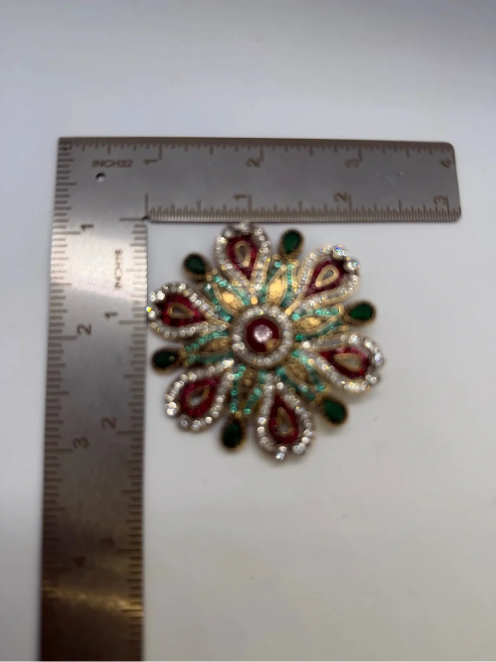 Vintage-Inspired Green & Red Rhinestone Brooch